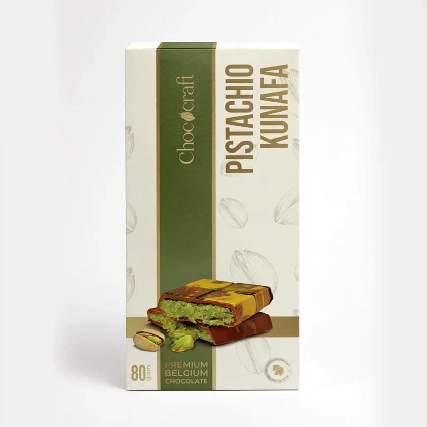 “Premium Pistachio Kunafa Chocolate fusion dessert with crunchy kunafa and rich chocolate.”