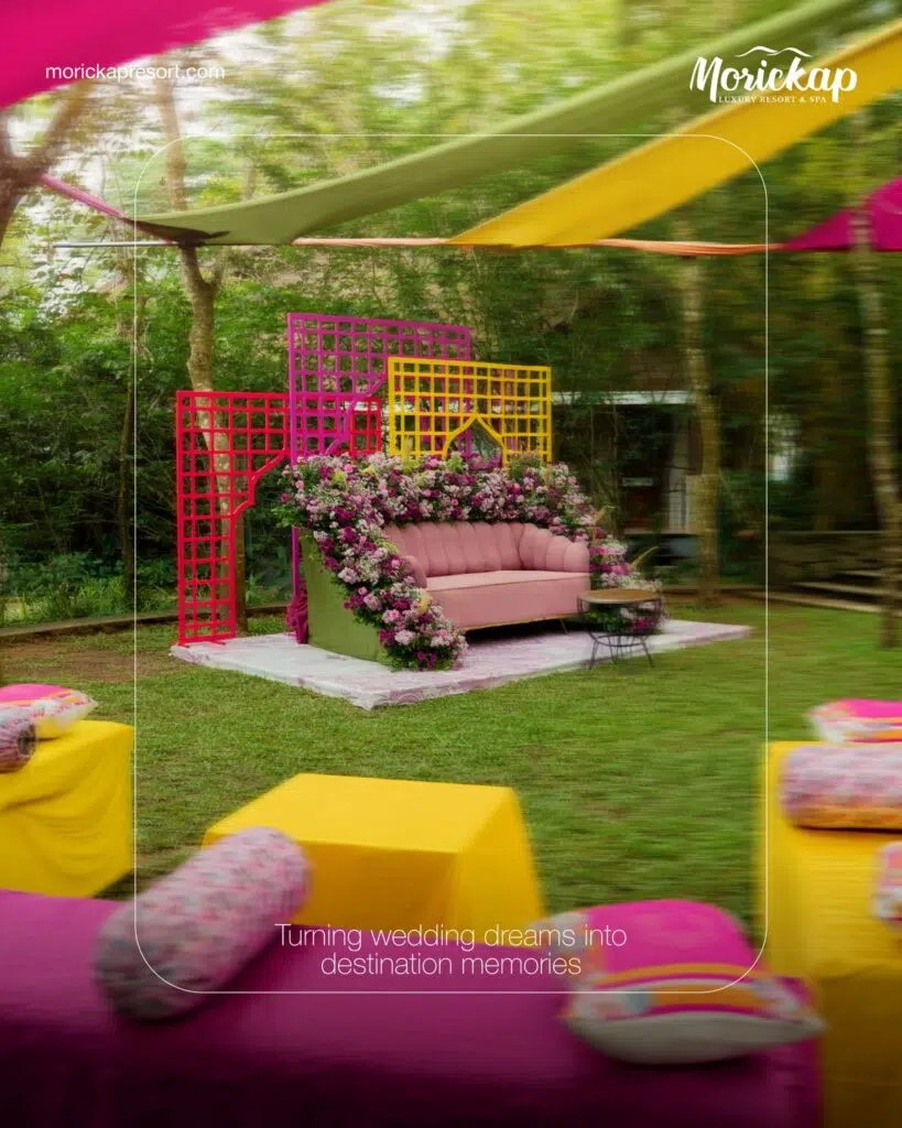 “A wedding in Morickap offers couples a serene and private setting to celebrate love amidst the misty hills of Vythiri, blending elegance with picturesque beauty.”