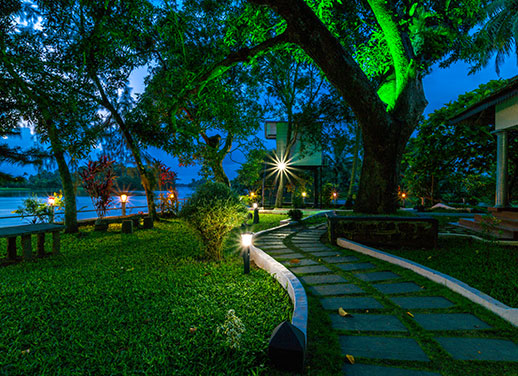 Beautiful view of Alleppey backwaters near an Ayurveda resort in Alleppey, surrounded by coconut palms and calm waters